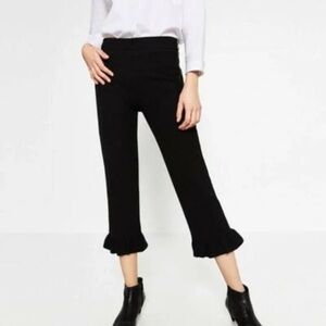 Zara Knit Black Ruffled Hem High Rise Wide Leg Pants Pull On Cozy Comfort Size M